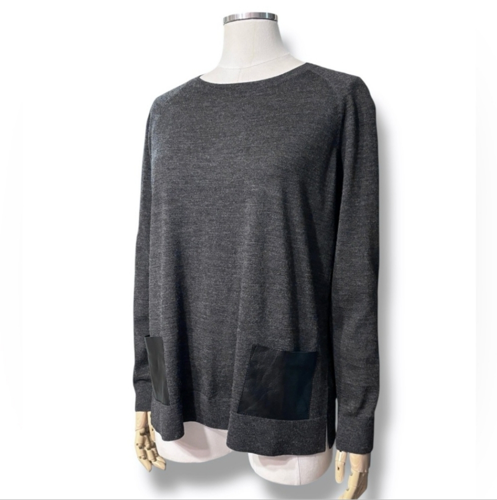 LAFAYETTE 148 Grey Wool Round Neck Sweater Vegan Leather Patch Pockets - Picture 1 of 9